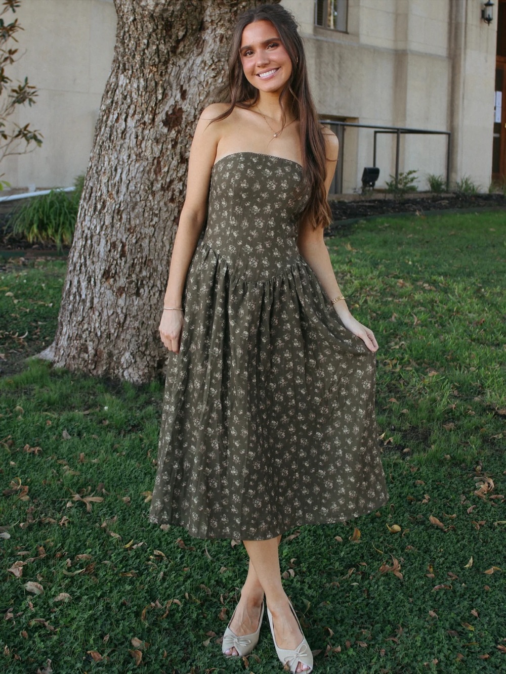 Le Lis Olive Strapless Floral Midi Dress